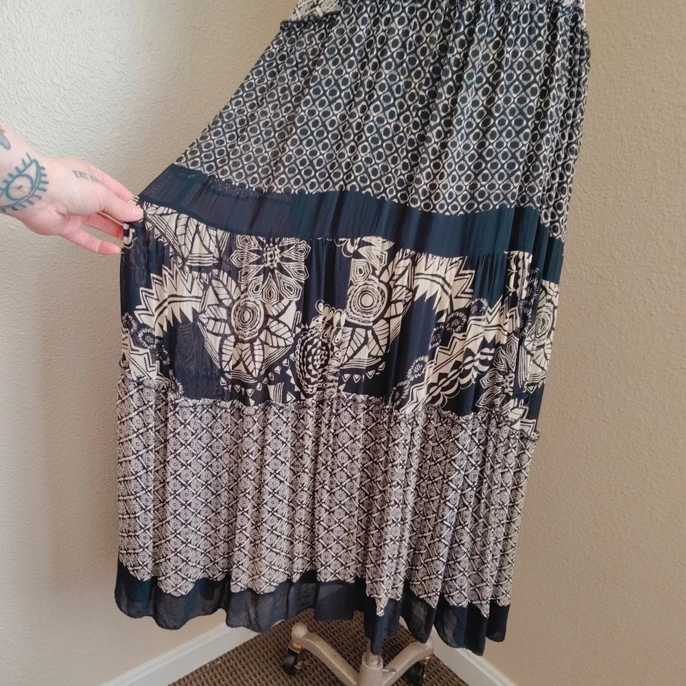 Temptation Boho Patchwork Maxi Dress Black Empire Tiered Spaghetti Strap Rayon M
